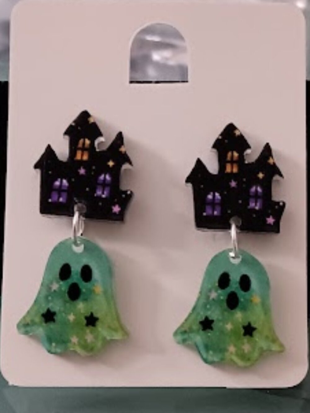 DESIGNER Halloween Ghost Haunted House Stars Acrylic Drop Earrings**NEW!